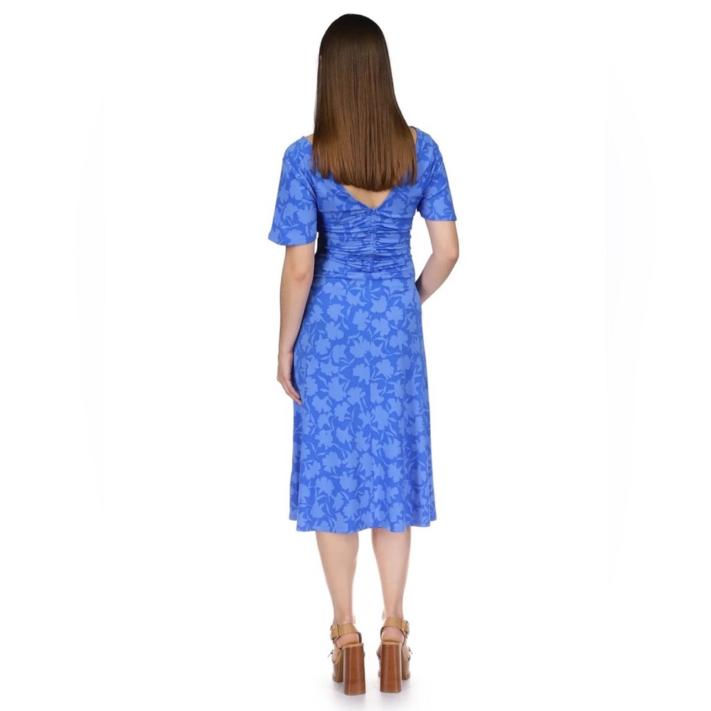 Michael Kors Blue Floral Ruched Flutter Sleeve Midi Dress - Picture 9 of 13